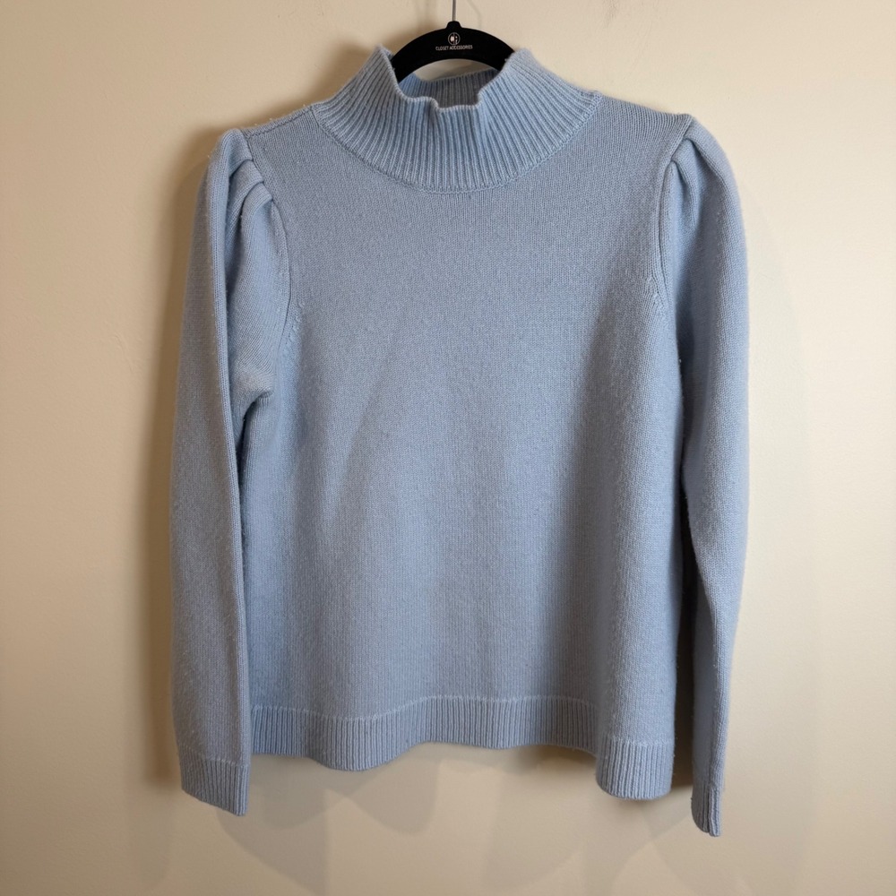 Milly Light Blue Merino Wool Cashmere Puff Sleeve Mock Neck Sweater Womens Small
